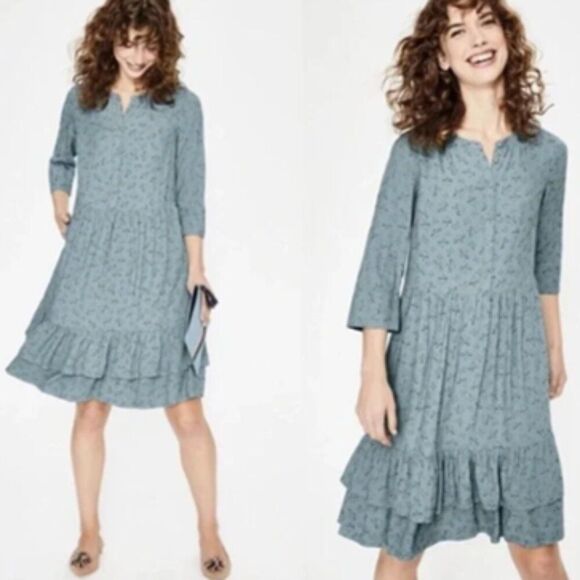Boden Viscose Loose Fit Tiered Hem  Button Front Bird Dove Dress sz. 14L #KK - Picture 1 of 12
